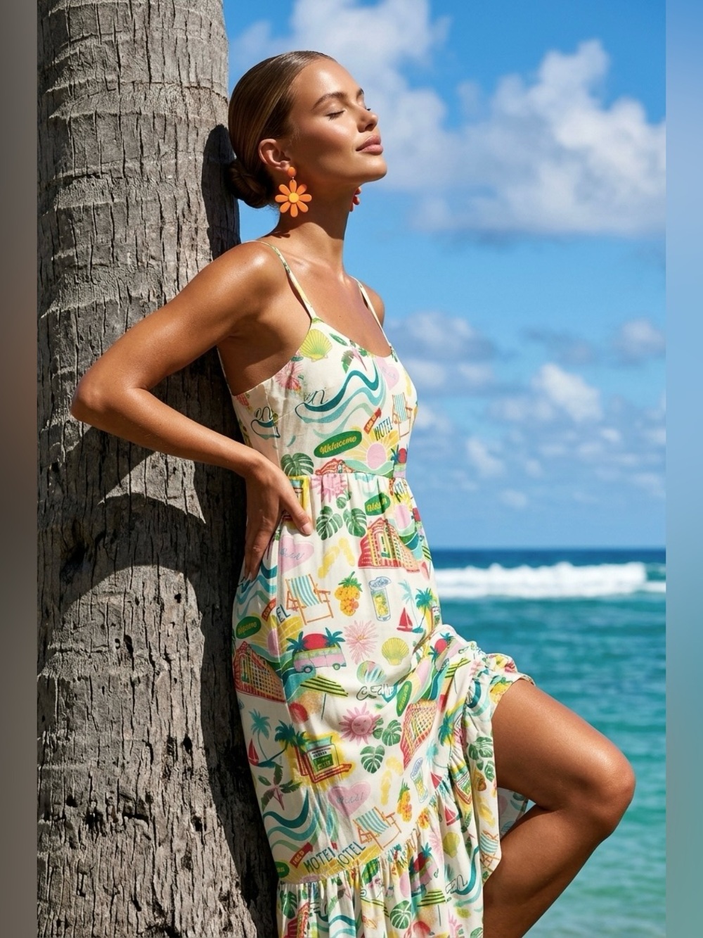 #104 Jane and Delancey White Tropical Print Midi Dress